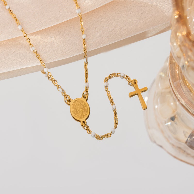 Explosions Titanium Steel Madonna Cross Stainless Steel Dropping Oil Bead Necklace Steel Color Bead Chain Ethnic Style - Image 4